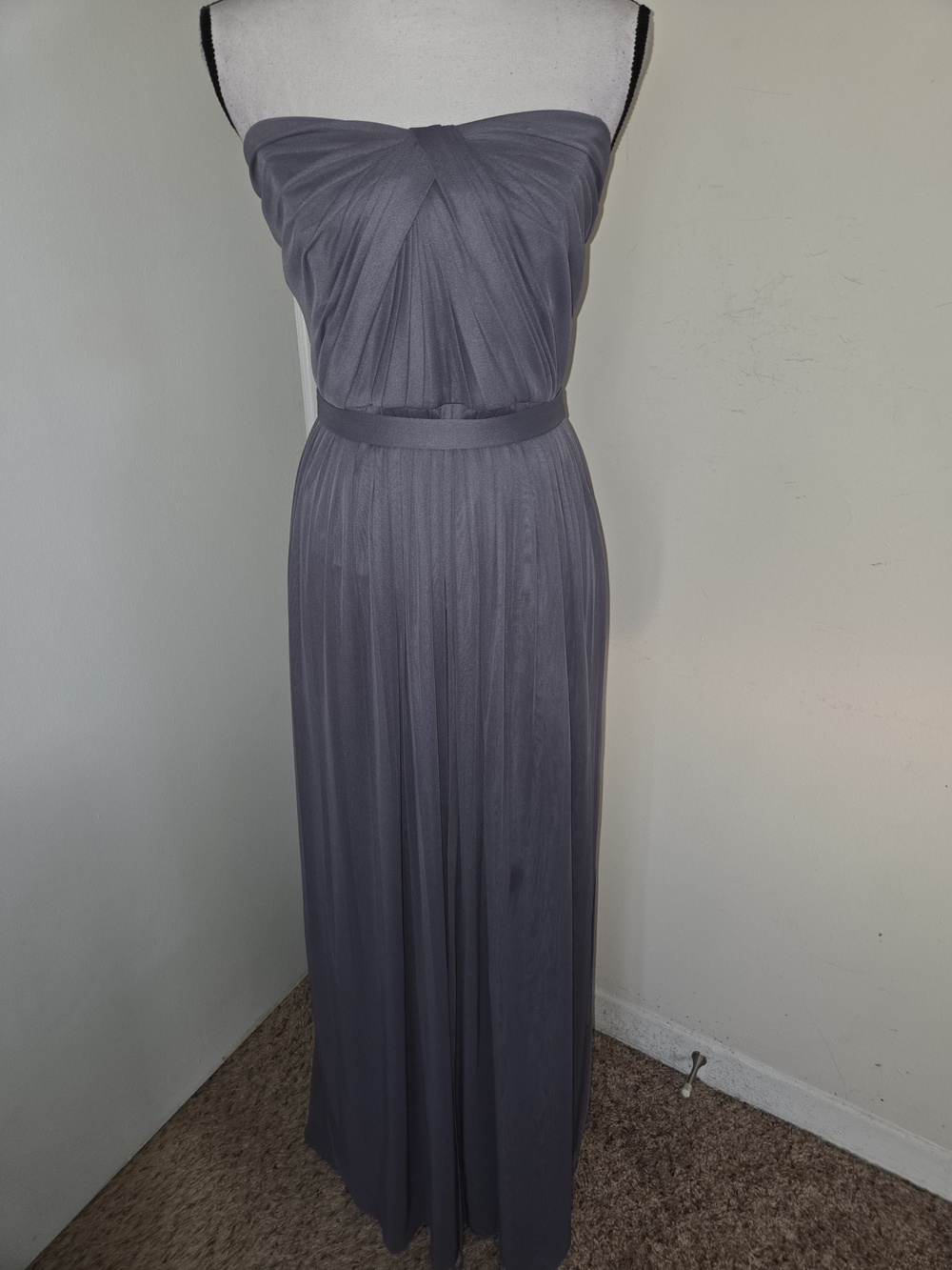 David's Bridal Strapless Ruched Maxi Dress in Slate SZ18